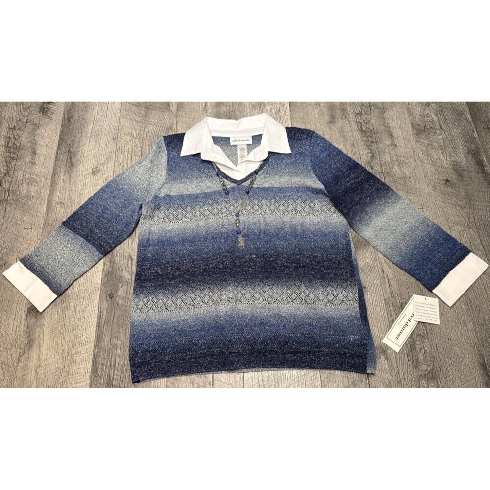 Alfred Dunner Sweater Shirt Necklace Combo Womens Medium Blue Collared Y2K NEW